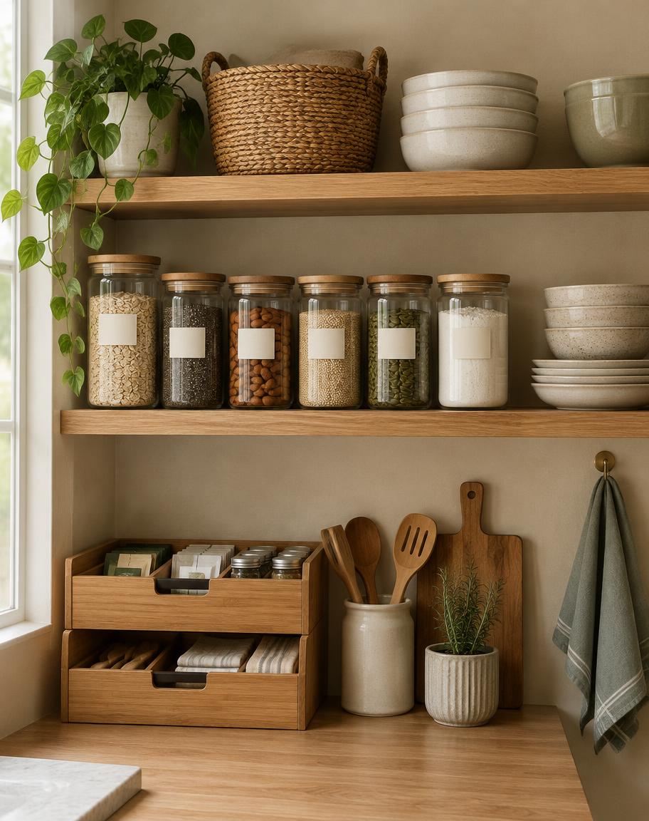Organized kitchen shelving with glass storage jars and wooden organizers