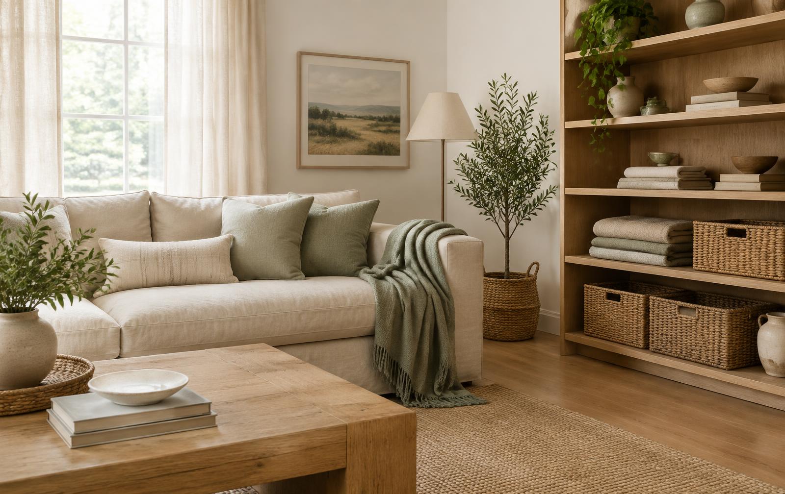 A warm, organized living room with wooden shelving, woven baskets, and soft neutral textiles